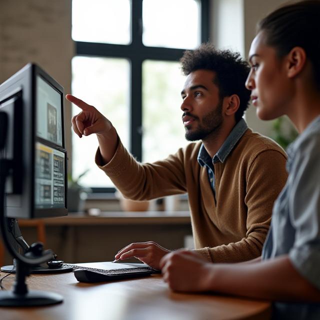 Photography instructor helping a student with camera settings