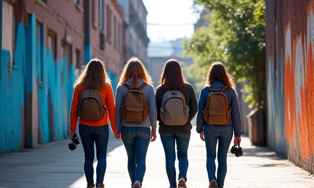 Photography students walking through Brooklyn streetscape