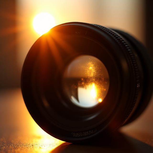 Close up of a vintage camera lens reflecting a sunlit window