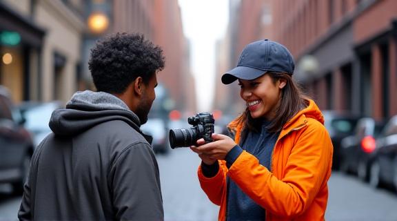 Photography instructor showing a student camera settings in a busy street